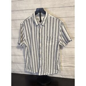 American Eagle Men's Shirt L Blue White Stripe Linen Cotton Short Sleeve EC